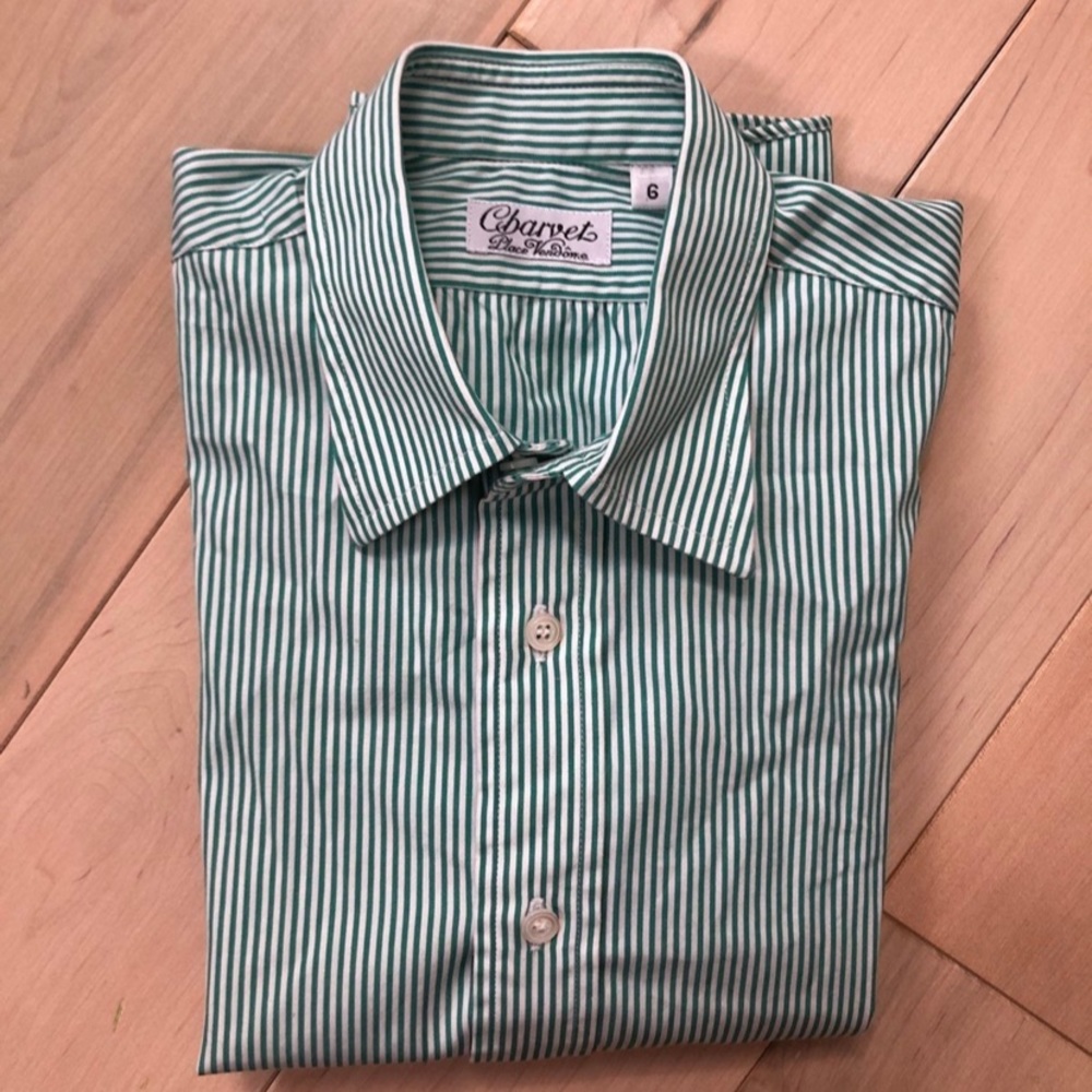 Charvet boys green white cotton French dress shirt